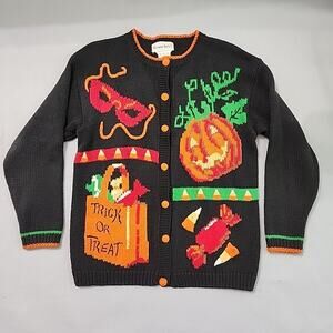 Alexandra Bartlett M Halloween Cardigan Sweater Trick or Treat Pumpkin Candy